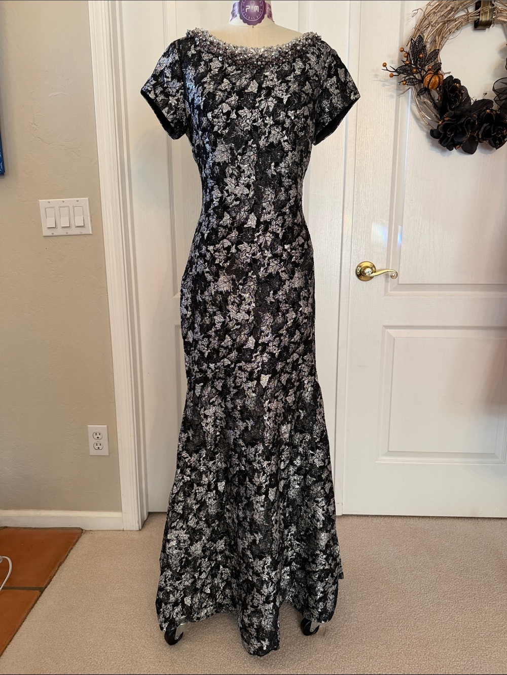 Theia Black and Silver Floral Evening Gown